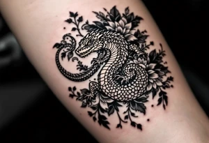 powerful majestic reptile, surrounded by floral ornaments tattoo idea