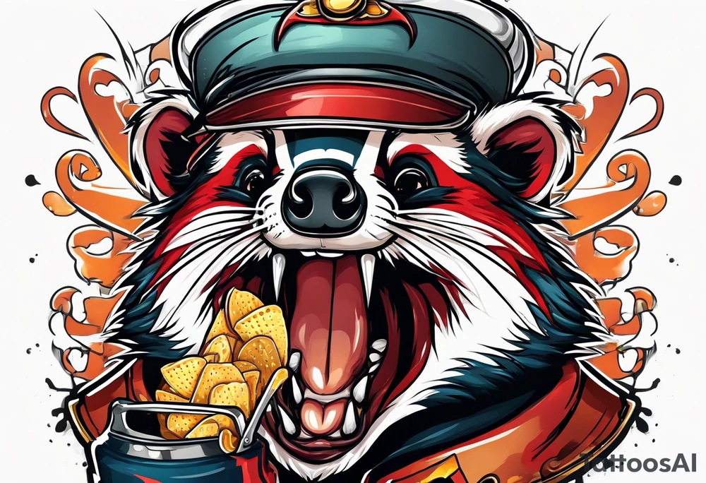 Angry badger with mouth open with soda can and chips in hands tattoo idea
