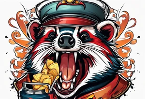 Angry badger with mouth open with soda can and chips in hands tattoo idea