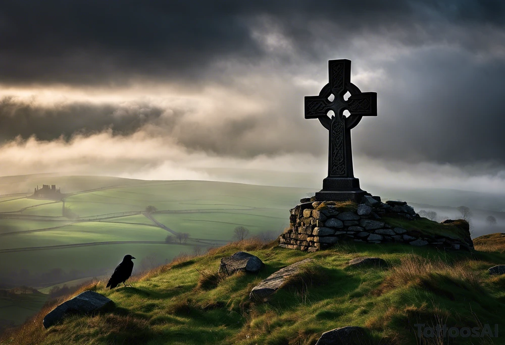 A stone Celtic cross solemnly standing atop a hill, a raven perches atop the cross staring out over the desolation. A ruined stone wall lies crumbling near the cross. Mist rolls along the hilltops adding to the melancholic nature of the scene. Clouds gather in the distance, obscuring the setting sun tattoo idea