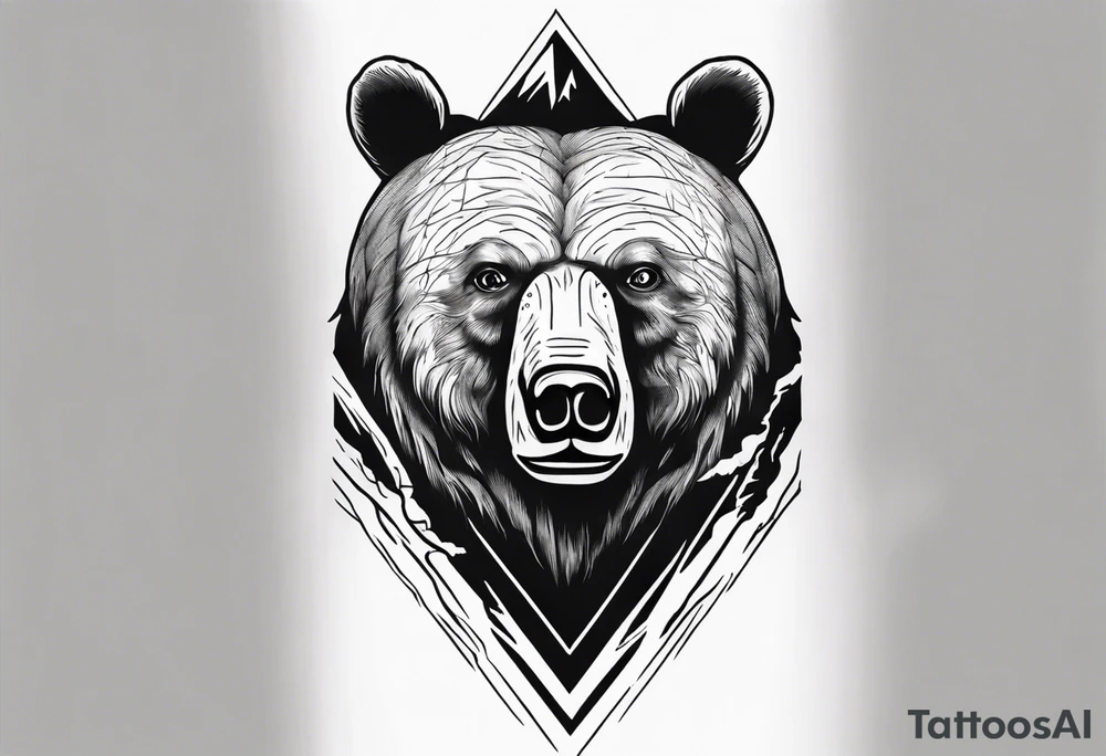 bear head right above the forest line with a lake below, full arm sleeve tattoo tattoo idea