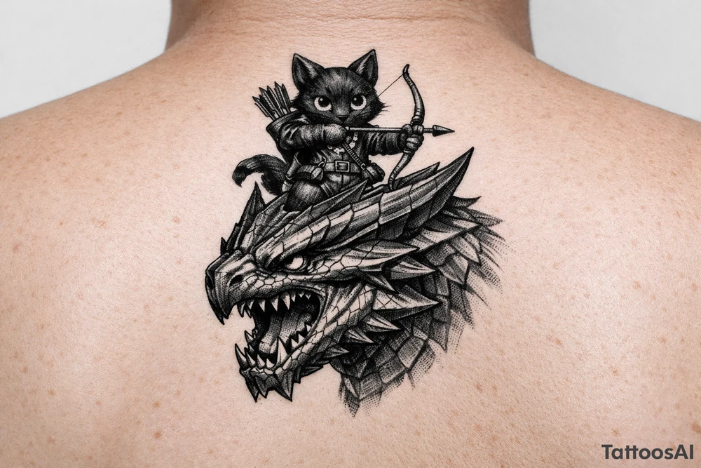 A vertical fantasy tattoo illustration of a cute black Palico feline cat riding on the back of a sleek Nargacuga wyvern dragon. The dragon must have smooth, sleek, interlocking metallic reptilian scales with an aerodynamic texture, zero fur, and zero feathers. The camera is a close-up vertical portrait showing the full cat on top holding a hunter's bow and arrow, and the dragon's snarling head and shoulders directly below it. Color palette: The dragon is colored in a rich mix of dark steel blue and deep teal gradients, with a sharp, glowing neon-red streak trailing backwards from its eye. The cat is matte black with large glowing yellow eyes. Crisp clean outlines, solid white background, stencil ready, high fantasy digital concept art. tattoo idea
