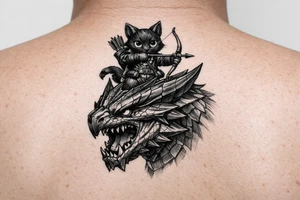 A vertical fantasy tattoo illustration of a cute black Palico feline cat riding on the back of a sleek Nargacuga wyvern dragon. The dragon must have smooth, sleek, interlocking metallic reptilian scales with an aerodynamic texture, zero fur, and zero feathers. The camera is a close-up vertical portrait showing the full cat on top holding a hunter's bow and arrow, and the dragon's snarling head and shoulders directly below it. Color palette: The dragon is colored in a rich mix of dark steel blue and deep teal gradients, with a sharp, glowing neon-red streak trailing backwards from its eye. The cat is matte black with large glowing yellow eyes. Crisp clean outlines, solid white background, stencil ready, high fantasy digital concept art. tattoo idea