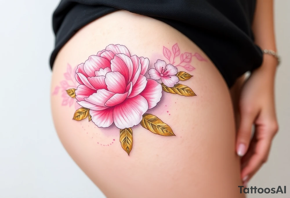 A soft peony lace garter tattoo with pastel pink petals, wrapping gently around the thigh with golden leaves for a soft, feminine touch tattoo idea