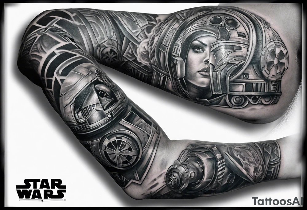 Full arm sleeve tattoo extending from shoulder to wrist that is all Star Wars Episode 3 themed tattoo idea Full arm sleeve tattoo extending from shoulder to wrist that is all Star Wars Episode 3 themed tattoo idea
