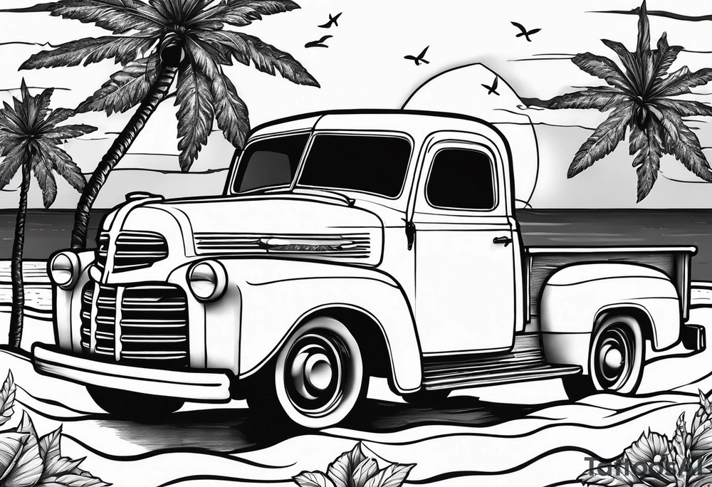Beach theme, sunset, classic truck, marijuana leaf tattoo idea