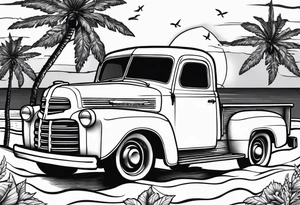 Beach theme, sunset, classic truck, marijuana leaf tattoo idea
