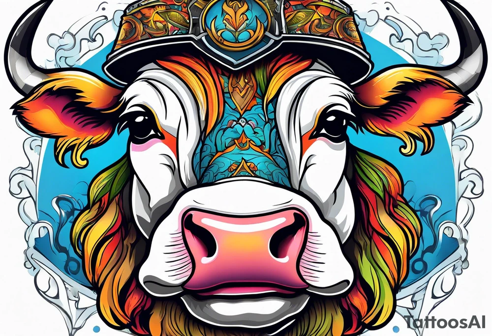 cow in motorcycle helmet tattoo idea