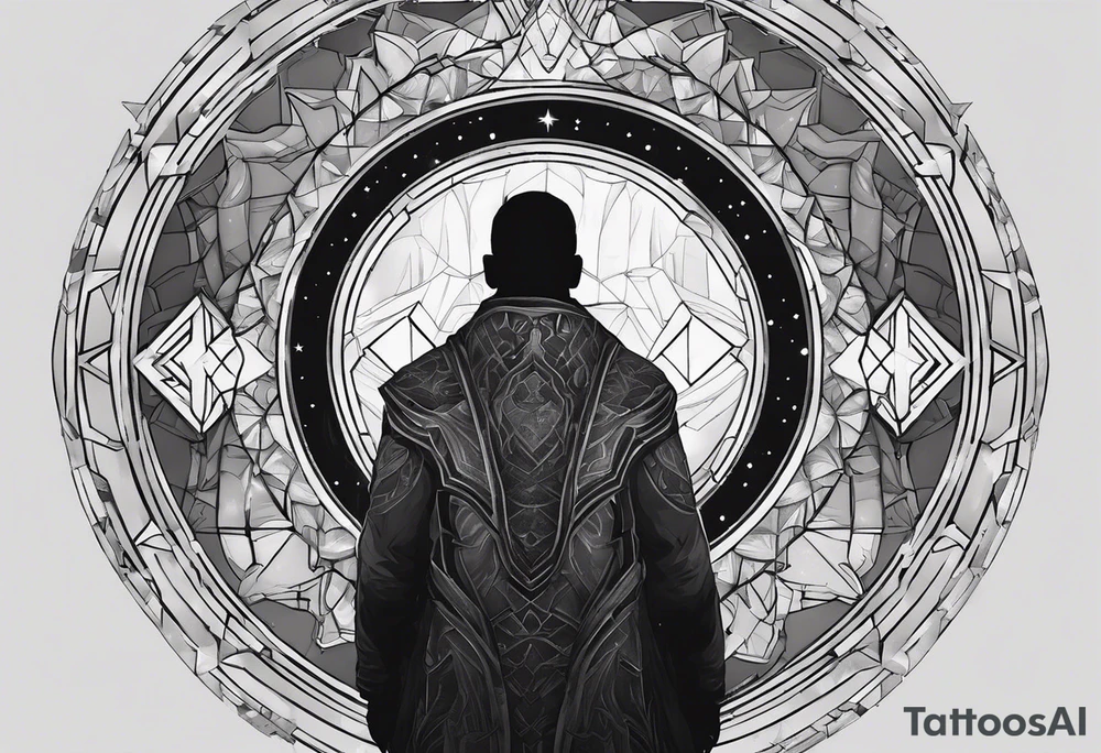 Jehovah looking out at the marvels of his creation from the atoms to the galaxy and celestial beings. With grey wash and a fantasy theme. Jehovah has to be a character who is so majestic, charismatic, immensely powerful. There isnt a single thing he isnt capable of doing. Infinitely powerful forward facing tattoo idea