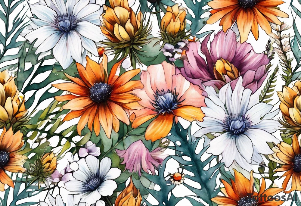 mixed wildflower cascading with thistles, ferns, burnt orange flower, white flowers, pink flowers, and yellow flowers all in watercolor tattoo idea