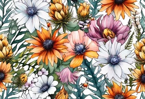 mixed wildflower cascading with thistles, ferns, burnt orange flower, white flowers, pink flowers, and yellow flowers all in watercolor tattoo idea