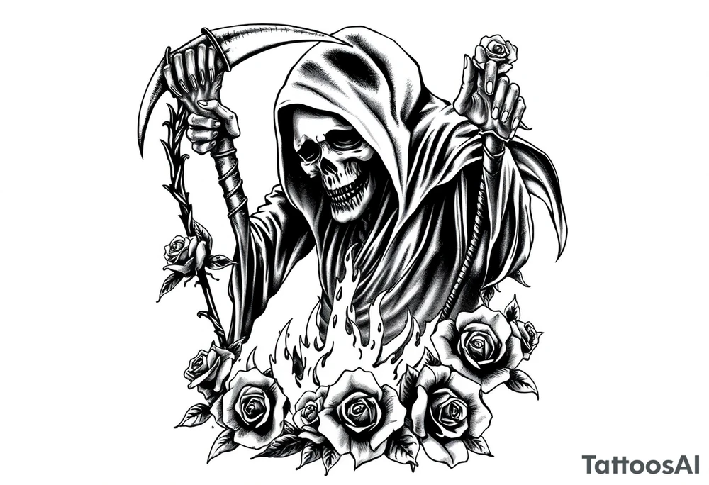 Powerful and evil grim reaper rising from the ashes of hell, surrounded by unclaimed souls and roses tattoo idea