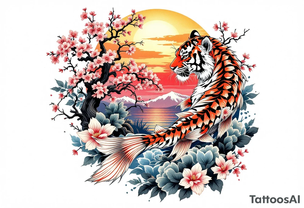 Koi fish, tiger, and cherry blossom tree, beautiful sunset in background tattoo idea