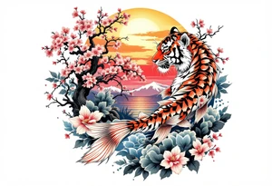 Koi fish, tiger, and cherry blossom tree, beautiful sunset in background tattoo idea