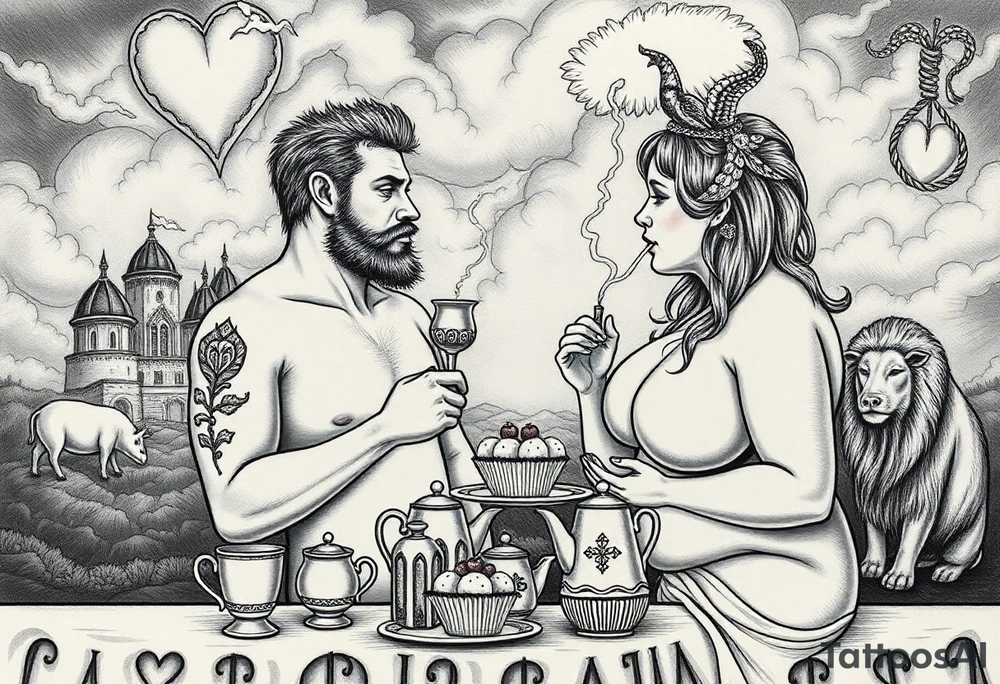 Naked Man and fat woman having sex eating cupcakes and  fruit  having sexy naked fat lady having a tea party with tea pots  with medieval castle  
with mystical  aries a pigs, peacock,  lion, goat, noose and smoking cigerettes looking in the mirror thru storm clouds and broken hearts and darkness and wrath, envy , gluttony, greed, sloth, pride . Gothic tattoo idea
