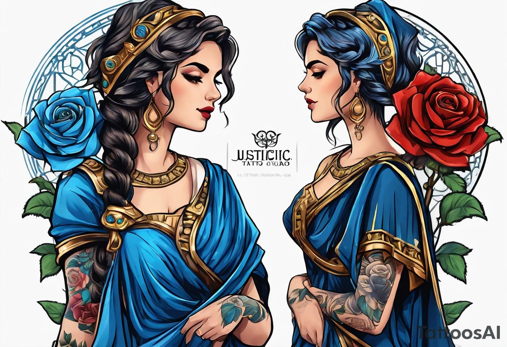 ancient rome clothes women, with ancient scale in one hand, blue rose frames, justicia tattoo idea