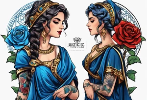 ancient rome clothes women, with ancient scale in one hand, blue rose frames, justicia tattoo idea