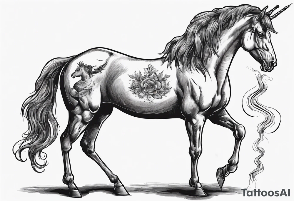 tough looking unicorn that is smoking a cigarette and is wearing dark glasses. The horse should be like thicker than a Clydesdale tattoo idea tough looking unicorn that is smoking a cigarette and is wearing dark glasses. The horse should be like thicker than a Clydesdale tattoo idea