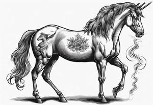 tough looking unicorn that is smoking a cigarette and is wearing dark glasses. The horse should be like thicker than a Clydesdale tattoo idea