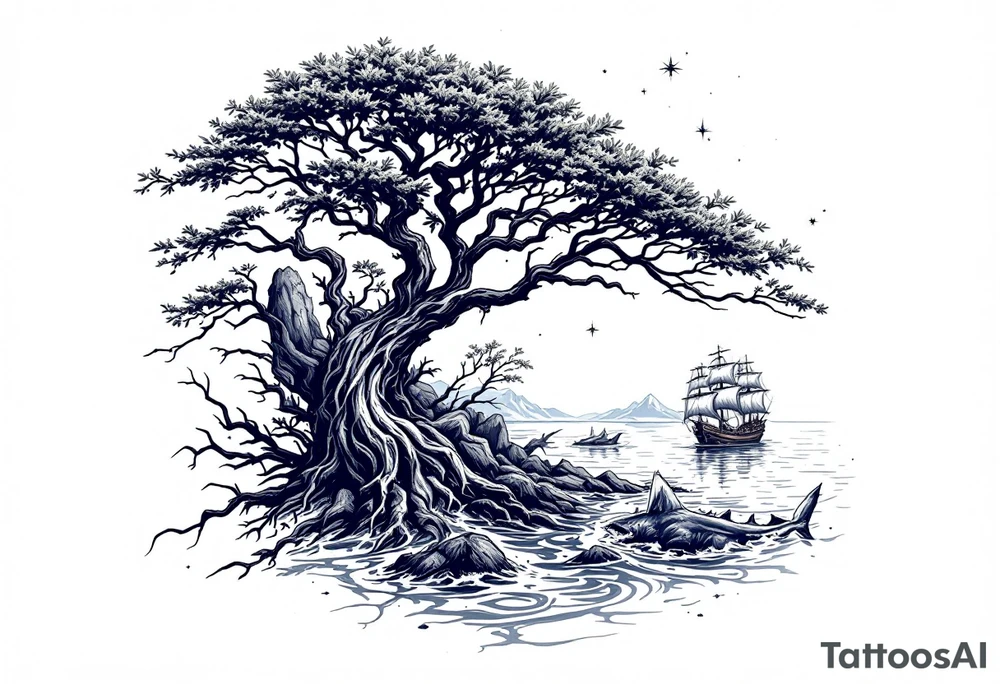 tattoo that has an acacia tree with mountains, ocean with a ship wreck with sharks and the northern star tattoo idea