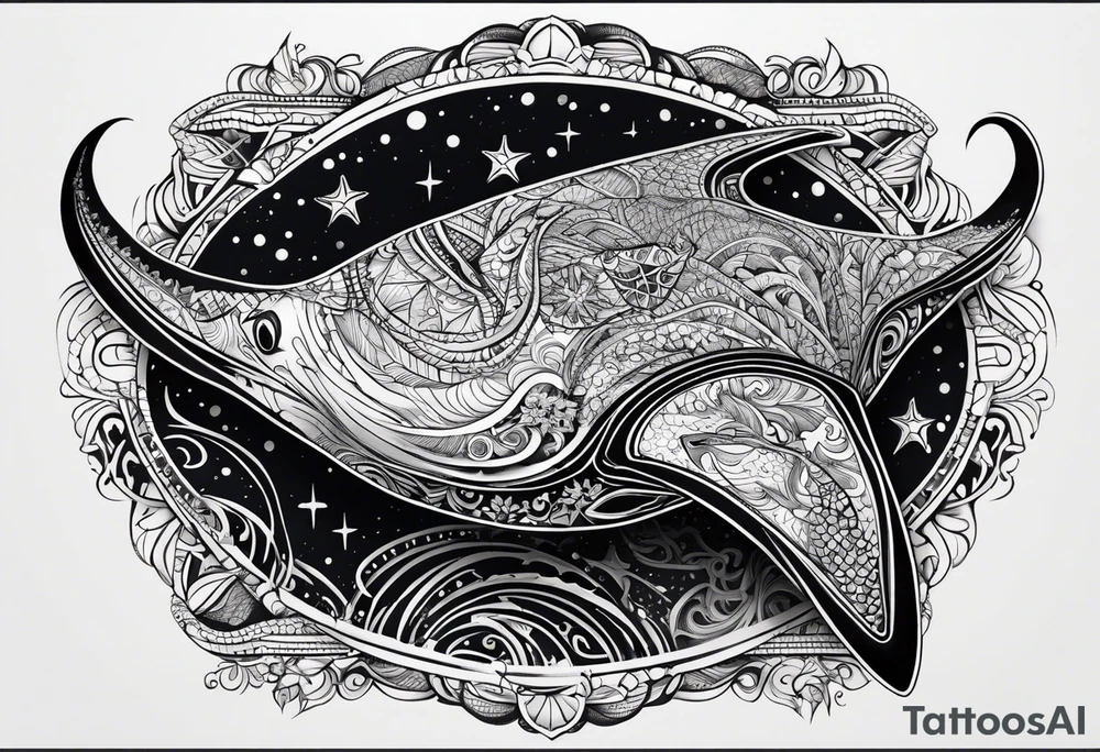 A manta ray with a sea star as a tribal tattoo. A smaller tattoo for female forearm or wrist tattoo idea