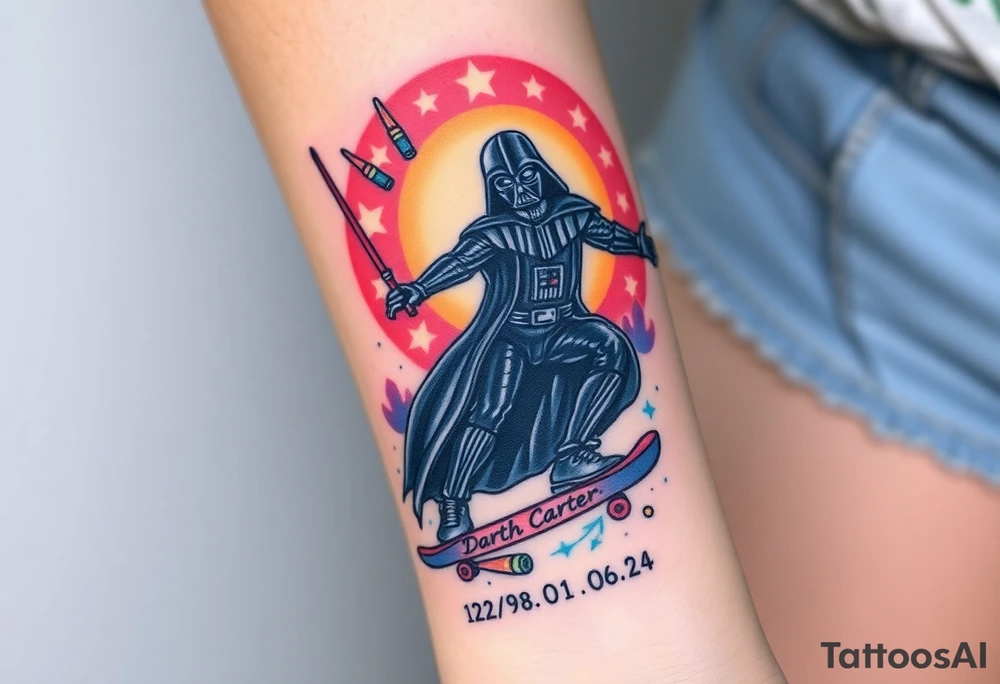 Darth Vader skateboarding > bullets > in loving memory > colors
add words "Darth Carter" to skateboard
add date 12/29/88-01/06/24 tattoo idea