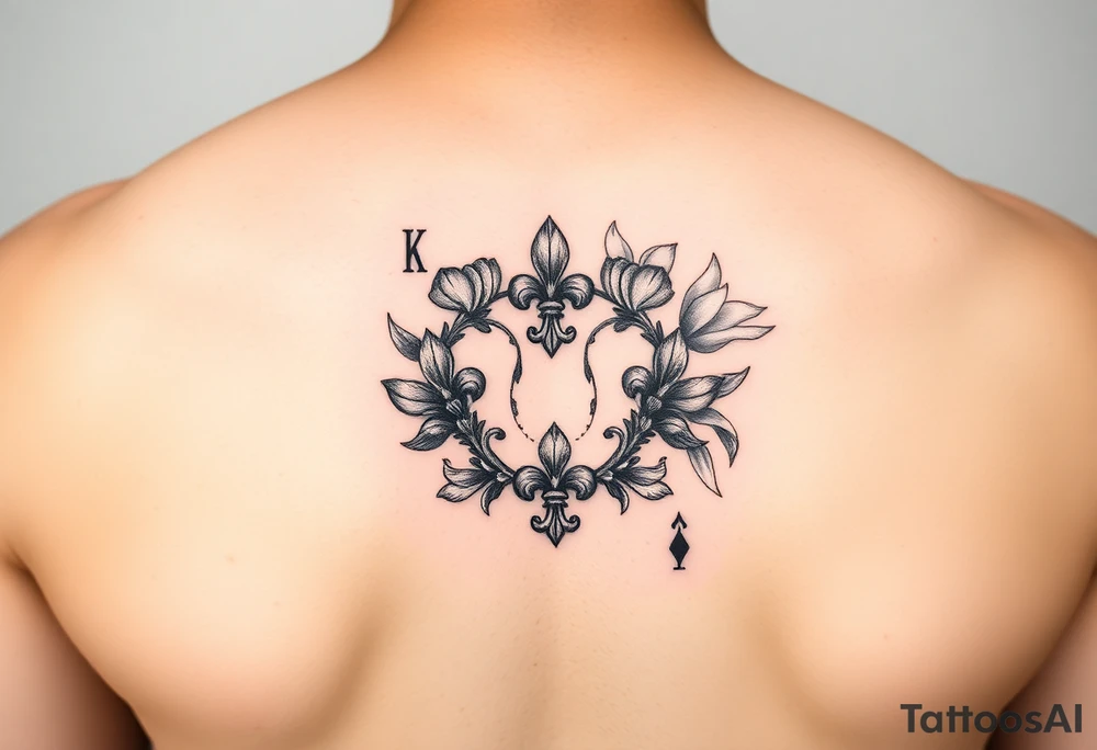 6 of hearts card with fleur de lis as the hearts and magnolias in the background tattoo idea