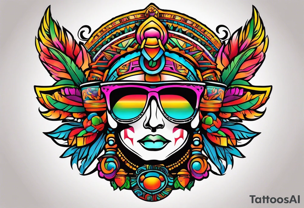 Colorful sunglasses mayan tattoo idea