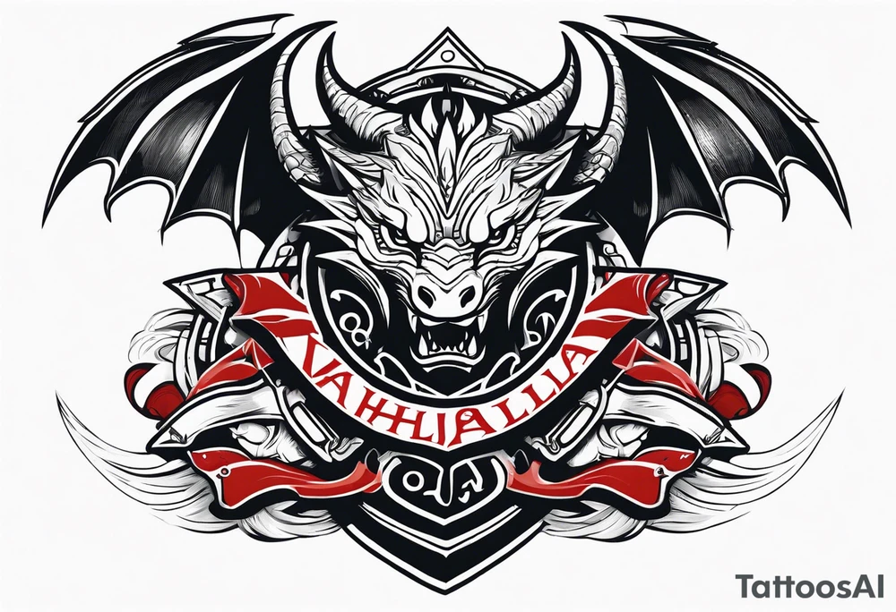 Valhalla sword shield dragon head axe tattoo idea