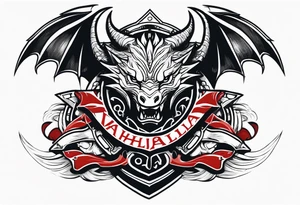 Valhalla sword shield dragon head axe tattoo idea