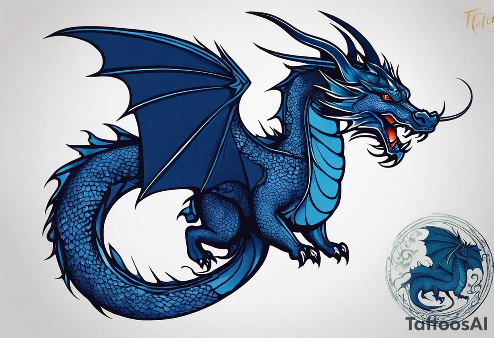 An epic floating dragon. Its long body coiling dynamically, with scales and horns detailed to create a sense of movement and strength. The dragon's main color is midnight blue, giving a vibrant depth and a mystical aura. This tattoo highlights the dragon’s fierce expression and sharp claws. tattoo idea