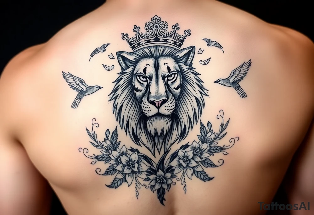 powerful majestic lion with a crown, surrounded by floral ornaments and birds tattoo idea