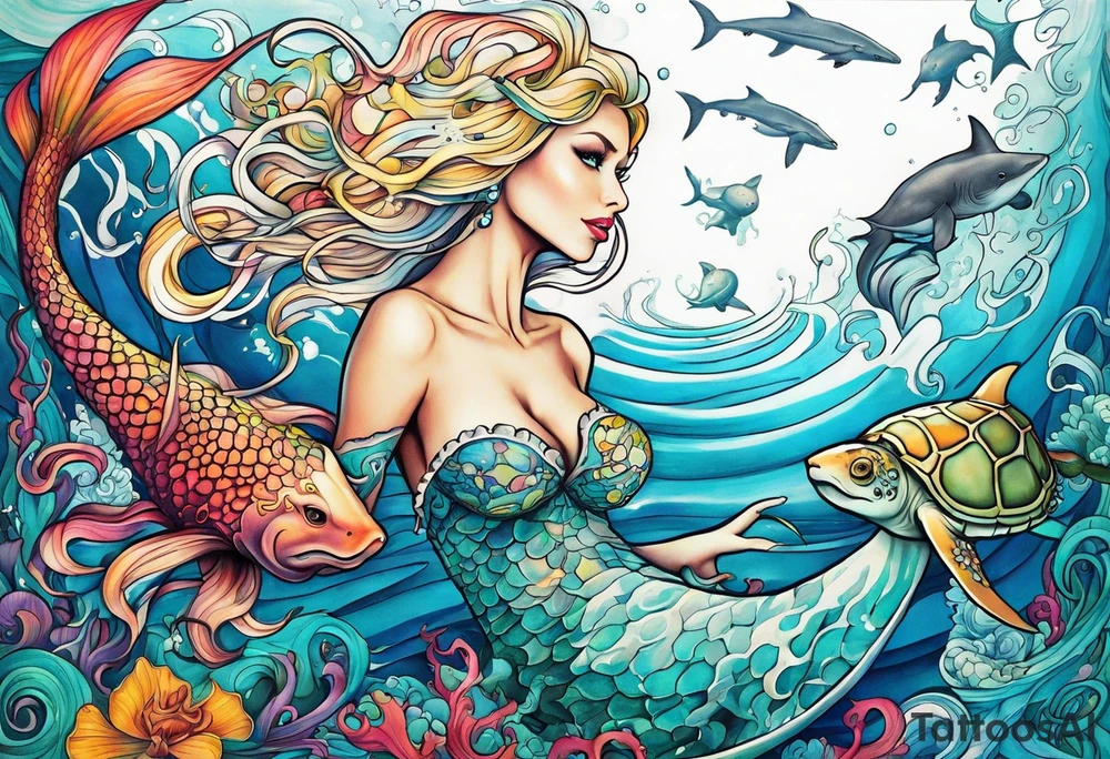 blond mermaid, giant octopus, sharks and turtles tattoo idea
