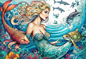 blond mermaid, giant octopus, sharks and turtles tattoo idea