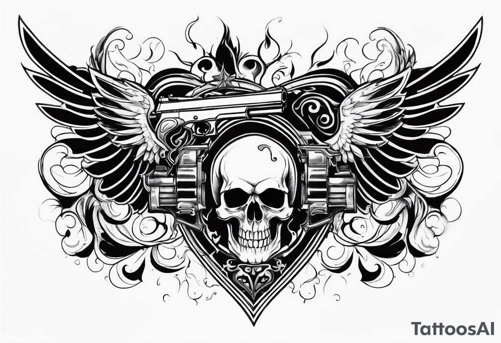 skull with a gun dominated by a  heart with wings and  flames coming out of the top of it tattoo idea