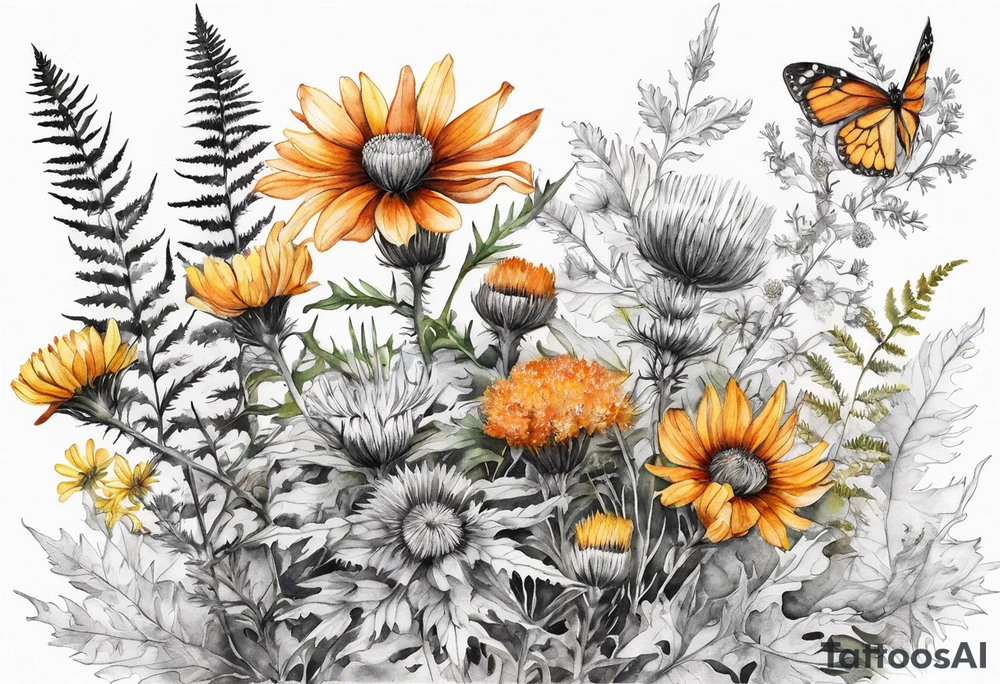 cascading mixed wildflowers with thistles, ferns, burnt orange white and yello flowers all in watercolor tattoo idea