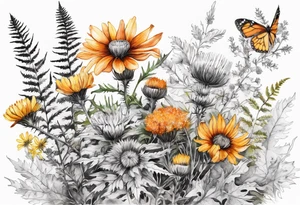cascading mixed wildflowers with thistles, ferns, burnt orange white and yello flowers all in watercolor tattoo idea