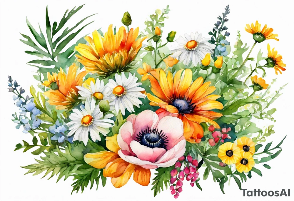 simple wildflowers cascading with thistles, ferns, white anemones, sun flowers, yellow flowers, red flowers, pink flowers, green flowers, buttercups, orange flowers, babys breath and daisies all in watercolor tattoo idea