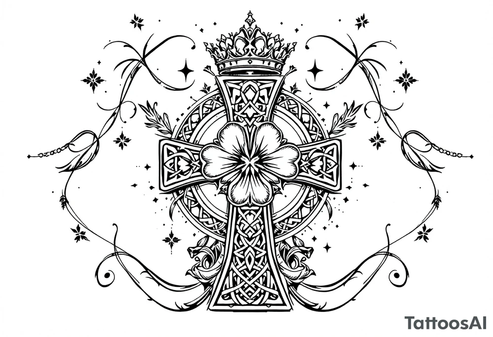 detailed irish celtic cross with a four leaf clover being surrounded by other celtic elements and a crown above the cross tattoo idea