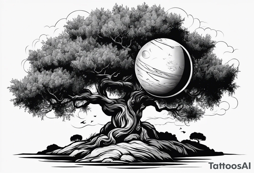 an olive tree and Saturn at its back tattoo idea
