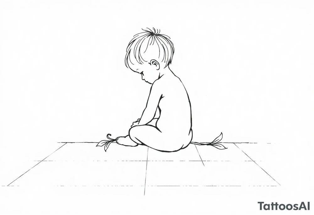 A simple tile floor with a minimalist outline of a curled child sitting on the floor with a lily next to her tattoo idea