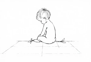 A simple tile floor with a minimalist outline of a curled child sitting on the floor with a lily next to her tattoo idea