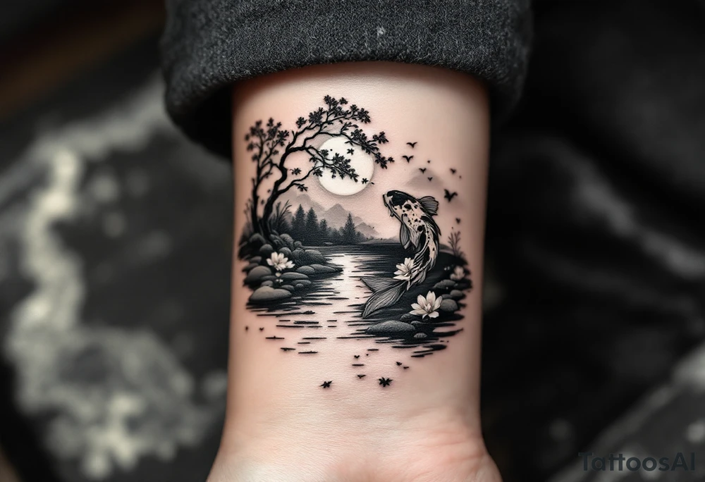 a koi fish swimming upstream in a pond moonlight by the full moon with a sakura tree by the pond surrounded by lighting tattoo idea