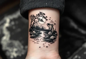 a koi fish swimming upstream in a pond moonlight by the full moon with a sakura tree by the pond surrounded by lighting tattoo idea