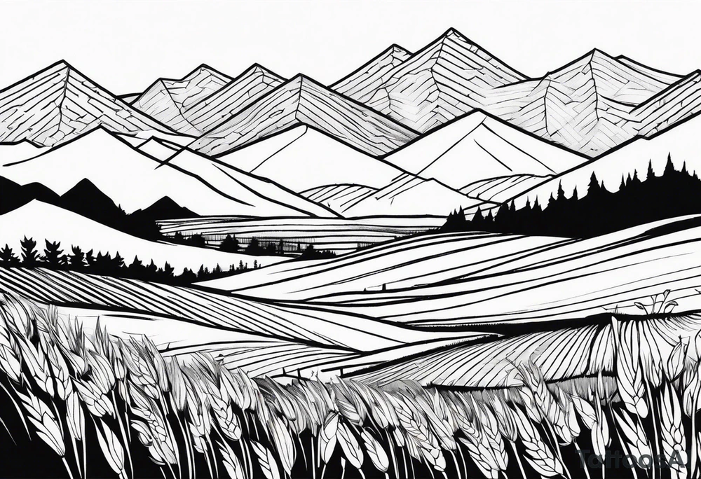 negative blackwork with mountains, hills and wheat field at bottom tattoo idea