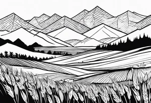 negative blackwork with mountains, hills and wheat field at bottom tattoo idea