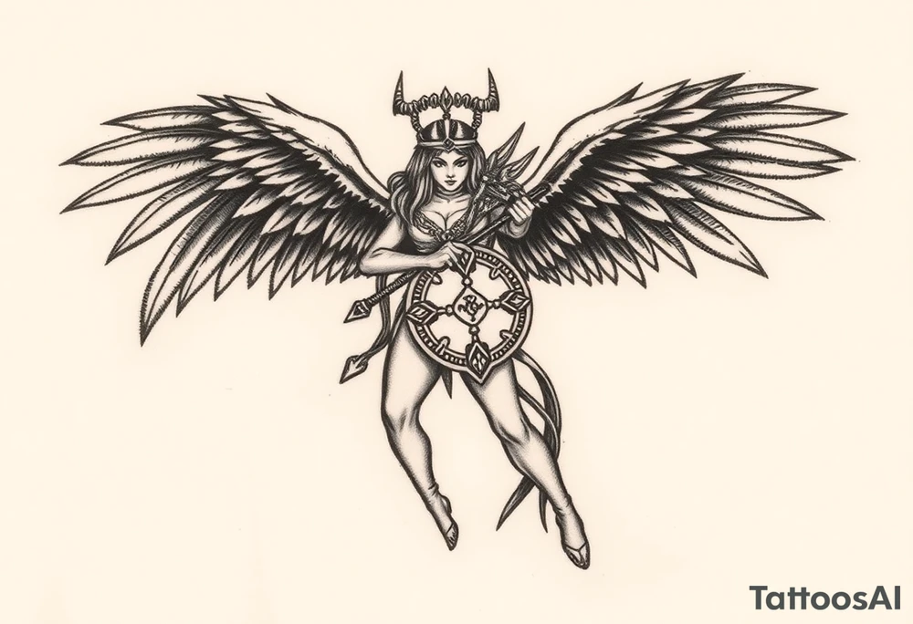 A fierce looking Valkyrie with very big dark wings. The whole body with legs should be visible. 
She's wielding a intricatelly decorated sword and a sturdy shield with a vegvisir symbol. tattoo idea