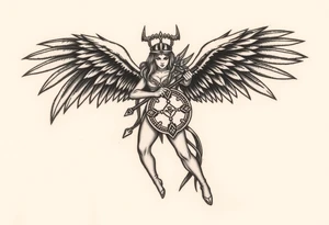 A fierce looking Valkyrie with very big dark wings. The whole body with legs should be visible. 
She's wielding a intricatelly decorated sword and a sturdy shield with a vegvisir symbol. tattoo idea