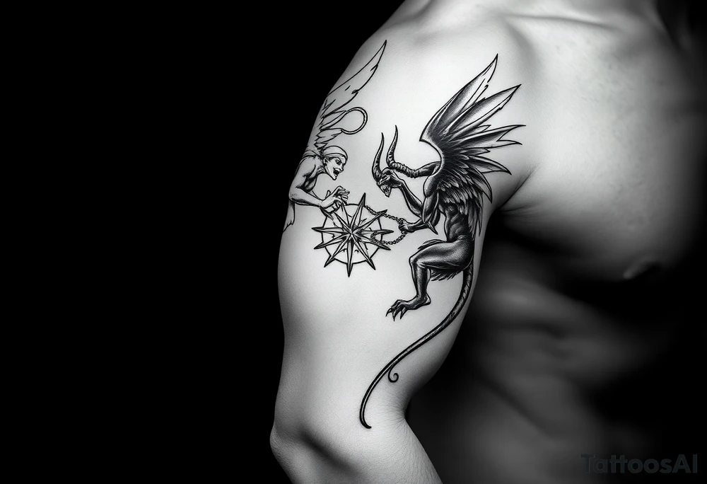 white angel and black devil flying at each other, fighting over a halo tattoo idea