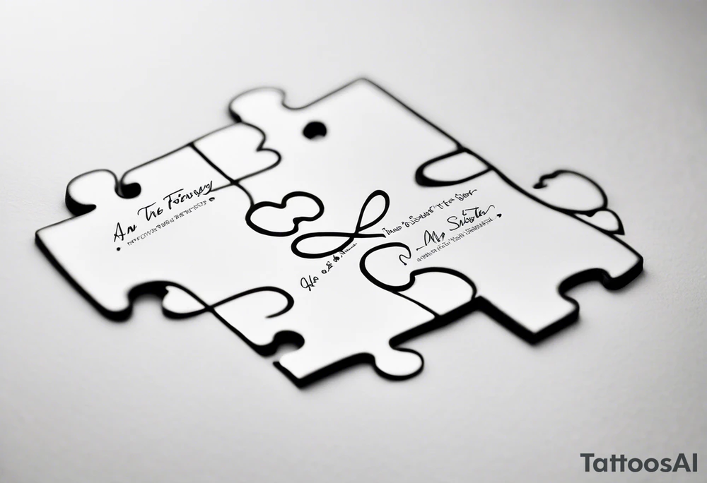 Puzzle Piece: A fine, clean outline with no shading, keeping the design light and elegant.
Handwritten Text: inside the puzzle piece, your sister’s words “to my favorite sister,” carefully preserving the integrity of her handwriting.
This will create a balanced, meaningful design that's simple yet full of emotion—perfect for a small ankle tattoo. tattoo idea
